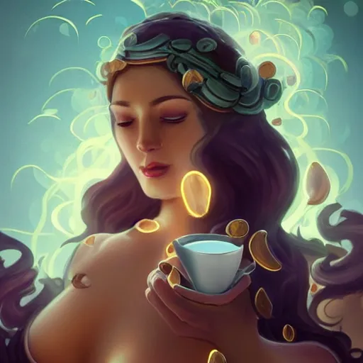 Image similar to goddess of coffee surrounded by coffee beans and steam ☕ 🧖‍♀️, matte fantasy painting volumetric lighting by Ross Tran and Jason Felix and Steve Argyle and Tyler Jacobson and Ching Yeh and Anato Finnstark, bokeh backdrop