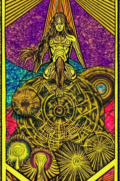 Prompt: a template of a tarot card, psychedelic, lsd, old, paper texture, da vinci code, sacred geometry, mushrooms,