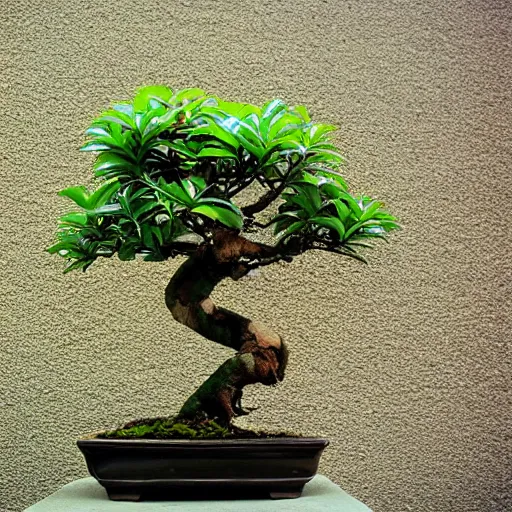 Prompt: A prize-winning ficus bonsai in an innovative style, blog photography, F 1.4 Kodak Portra