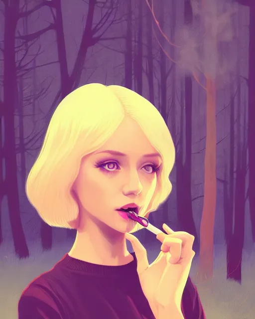 Image similar to digital illustration of pretty girl savrina with short blonde hair wearing a sweater, from alice in wonderland, smoking, in a wonderland forest at night, by ilya kuvshinov, lois van baarle, rossdraws, basquiat