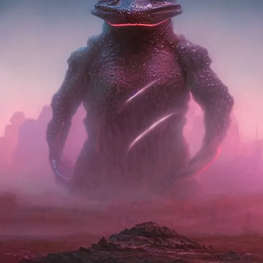Prompt: a frogish kaiju on a desolace planet, legendary epic shot, blade runner, by artgerm, julie bell, beeple and Greg Rutkowski, airbrush, concept art, matte painting, 80s, Smooth gradients, octane render, 8k, High contrast, duo tone, depth of field, volumetric lightning, very coherent artwork