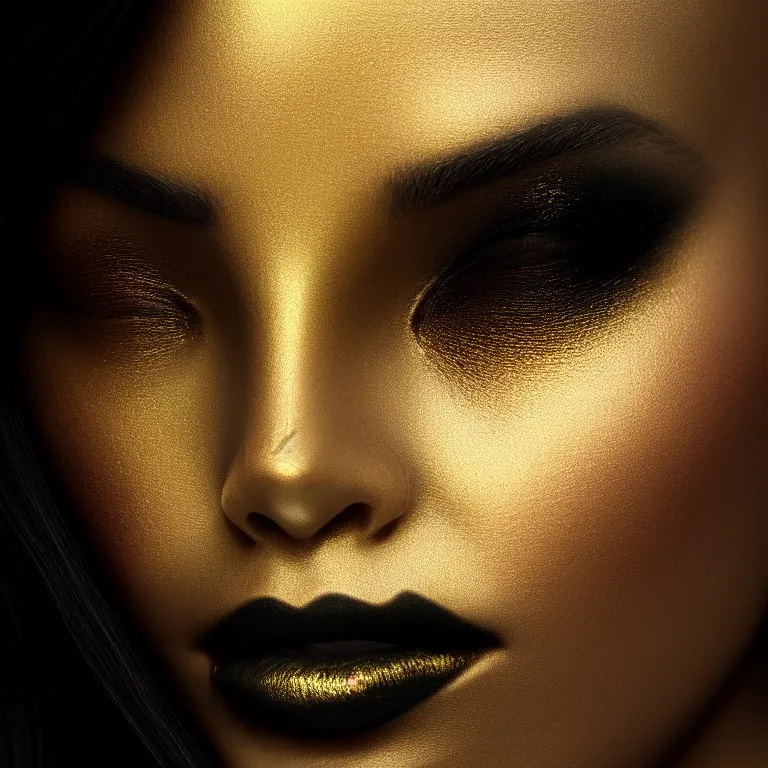 Image similar to a wonderful woman with half face black and half gold, detailed realistic, cinematic, octane rendered