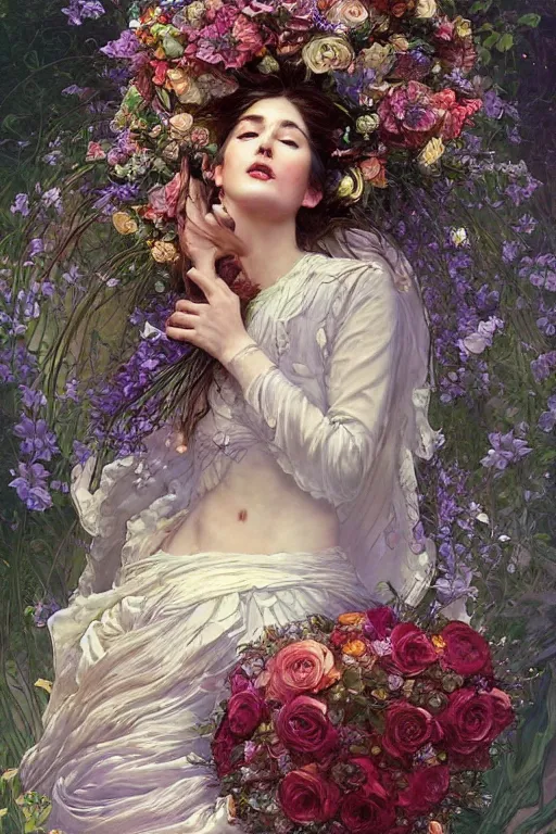 Image similar to a beautiful mysterious woman holding a large bouquet of flowing flowers, sleeping in an elaborate coffin, fantasy, regal, intricate, by stanley artgerm lau, greg rutkowski, thomas kindkade, alphonse mucha, loish, norman rockwell