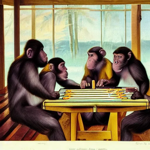 Image similar to A beautiful print of a group of monkeys playing backgammon. The monkeys are seated around a table, with some of them appearing to be deep in concentration while others appear to be playing more casually. by Simon Bisley, by Gabriel Dawe desaturated