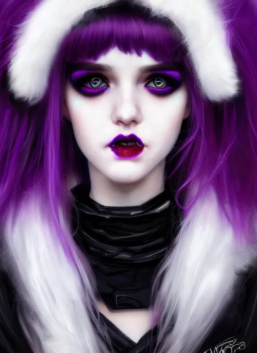 Image similar to portrait of white teenage girl, normal face, white bangs, mall goth, cyberlox, black and white hair, bangs, fluffy bangs, red contact lenses, purple lipstick, intricate, elegant, highly detailed, digital painting, artstation, concept art, sharp focus, smooth, illustration, art by wlop, mars ravelo and greg rutkowski