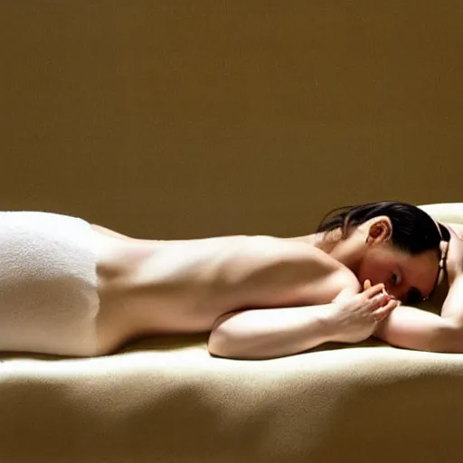 Image similar to This performance art is a beautiful example of use of color and light. The performance art depicts a woman reclining on a couch, with her head turned to the side and her eyes closed. The woman's body is bathed in a light, and her skin appears to glow. The artist has used a soft, delicate palette to create a sense of tranquility and serenity. The performance art is elegant and graceful, and the woman's face is incredibly expressive. It is a truly beautiful performance art. gray, iStock by William Zorach turbulent