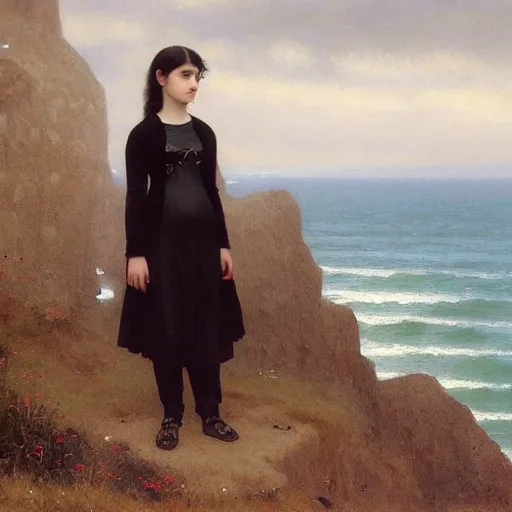 Image similar to 1 7 - year - old pale - skinned persian girl with black long bob cut, long bangs, black gothic jacket, black jeans, psychic girl, psychokinetic girl, standing on cliff along the irish coast, overcast gray skies, ultra - realistic, sharp details, subsurface scattering, intricate details, art by william - adolphe bouguereau