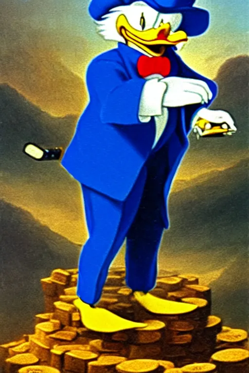 Image similar to Scrooge McDuck from the Duck Tales in blue costume standing on a mountain of golden gold and holding a cane, view from below, full body portrait including head, oil painting, highly detailed