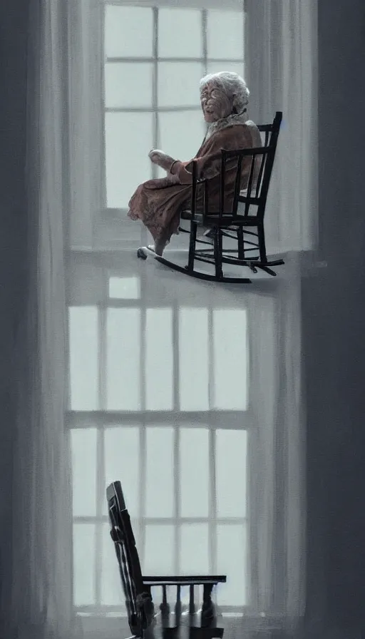 Image similar to portrait of an old lady in a rocking chair looking out of the window at the moon. old house. hyperdetailed, artstation, cgsociety, 8 k