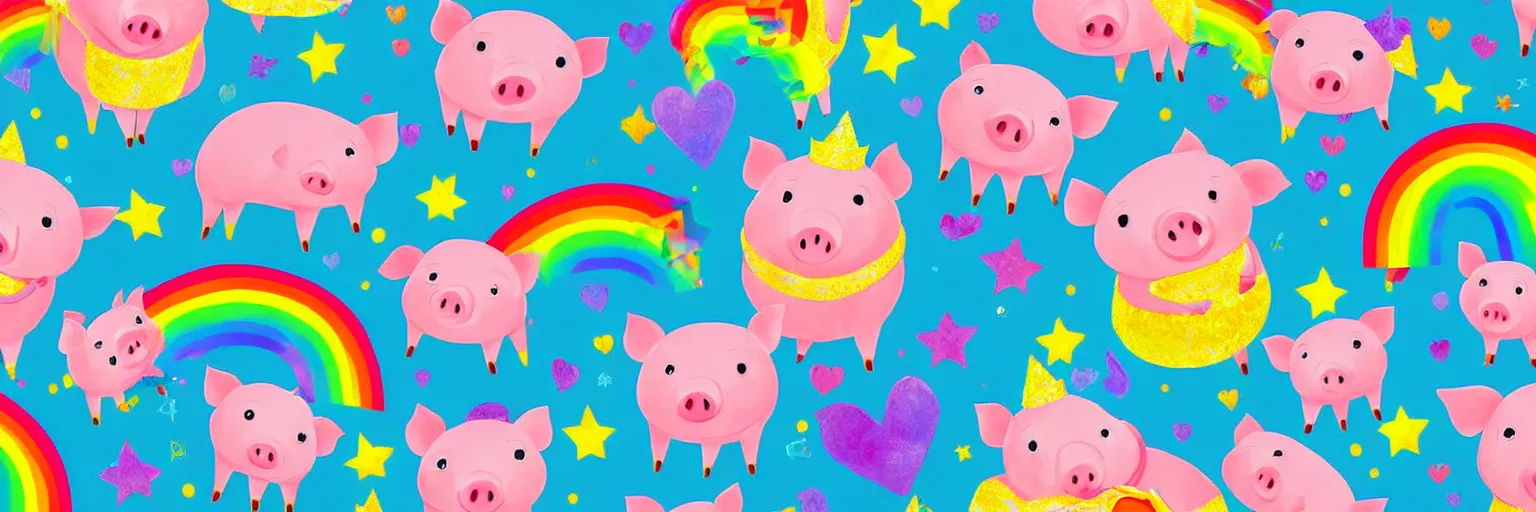 Image similar to illustration of cute pigs wearing gold crowns and rainbows digital art wallpaper by lisa frank, intricate illustration