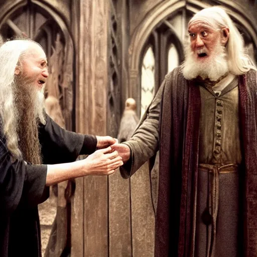 Image similar to frodo baggins meeting dumbledore, in hogwarts, cinematic