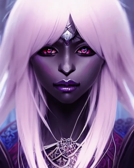 Image similar to portrait of an anime female drow necromancer, hd, illustration, epic, d & d, fantasy, intricate, elegant, highly detailed, digital painting, artstation, concept art, smooth, sharp focus, illustration, art by artgerm and greg rutkowski and alphonse mucha, monster hunter illustrations art book