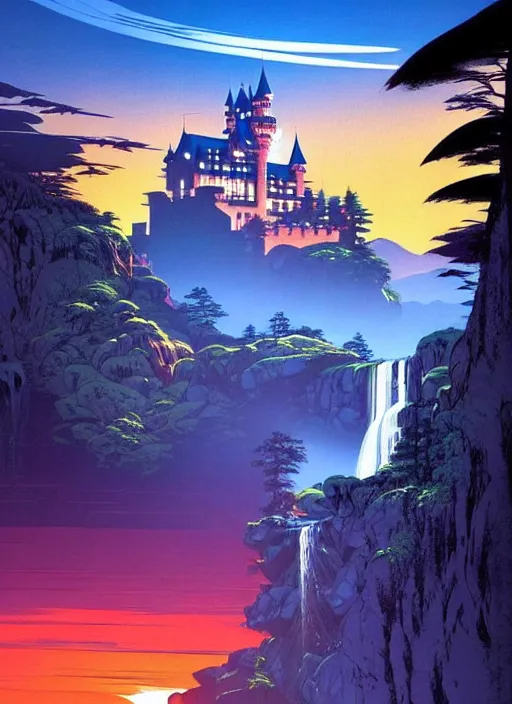 Image similar to magical castle, waterfall, river, mountain, sunset, scenery wallpaper aesthetic, beautiful, cinematic, dramatic, super detailed and intricate, hyper realistic, by koson ohara, by darwyn cooke, by hiroshi yoshida, by kentaro miura