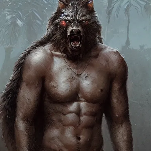 Image similar to Portrait of a rugged werewolf, male, muscular, detailed face, bare thighs!!!, tribal clothing!!!!!, fantasy, medieval, highly detailed, cinematic lighting, digital art painting by greg rutkowski