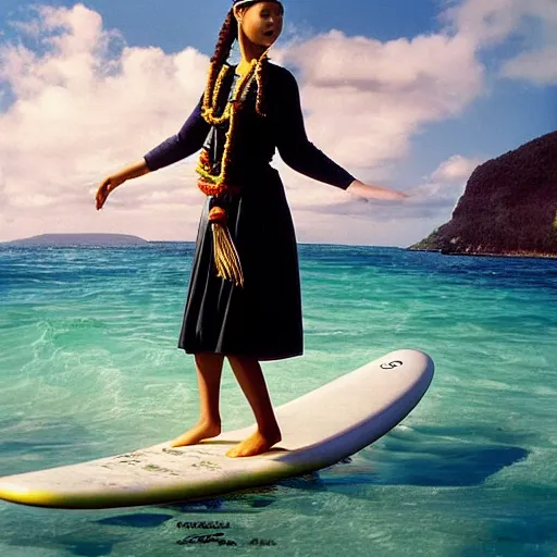 Image similar to The computer art depicts a young girl in a traditional hula outfit. She is standing on a surfboard in front of a beautiful ocean landscape. midday by Tim Walker, by Ed Emshwiller organic