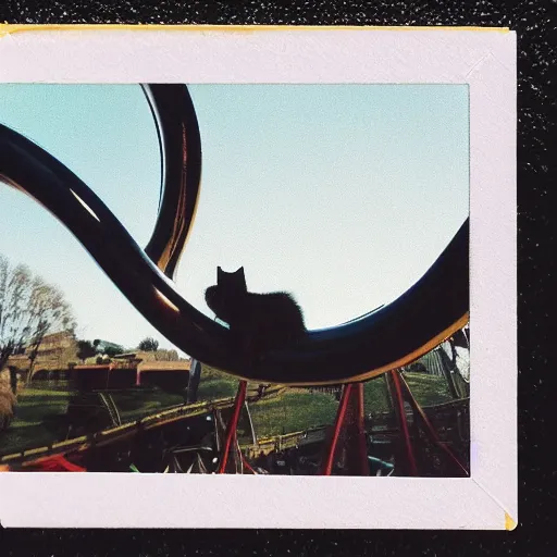 Image similar to black cat in a rollercoaster. the cat looks happy. sunny landscape. polaroid photo. tri color.