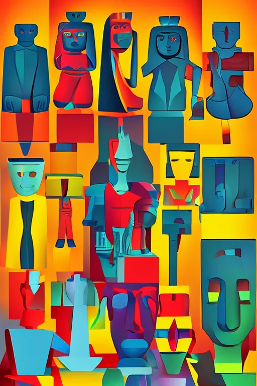 Image similar to cubist moai statue cutout digital illustration cartoon colorful beeple