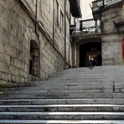 Image similar to a rollator on steps in Porto, greg rutkowski