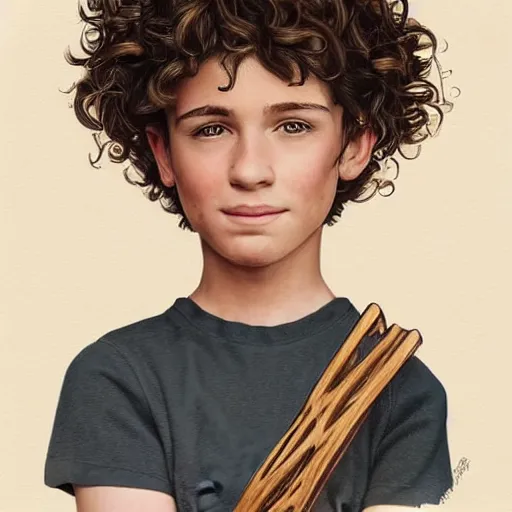 Image similar to highly realistic boy with curly brown hair and brown eyes, a wooden bow on his back, highly detailed and intricate, concept art illustration