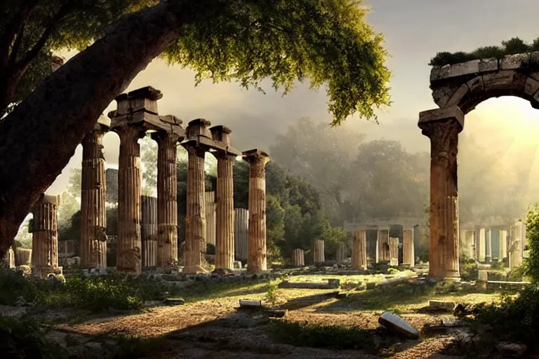 Image similar to tree growing in ancient greek ruins, gray wasteland, many scrap cars, trash, rubble, overgrown, pillars and arches, flowers, vines, hyperrealistic, highly detailed, cinematic, single ray of golden sunlight, beautiful, cgssociety, artstation, 8 k, oil painting by greg rutkowski, by artgerm, by wlop