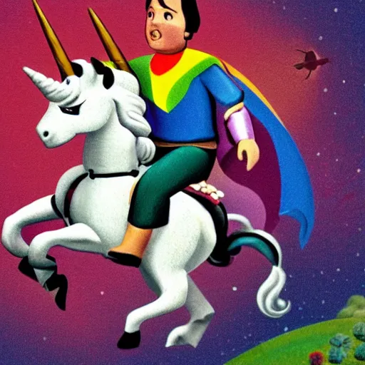 Image similar to wesley crusher riding a unicorn into battle