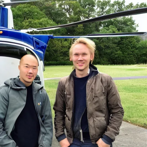 Image similar to blonde swedish guy and tall korean guy in front or robinson r 4 4 helicopter