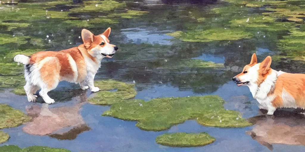 Prompt: A singular corgi by the pond, there is blue sky, there is water splash, the atmosphere is cheerful, the colors are bright, high picture quality, by Makoto Shinkai