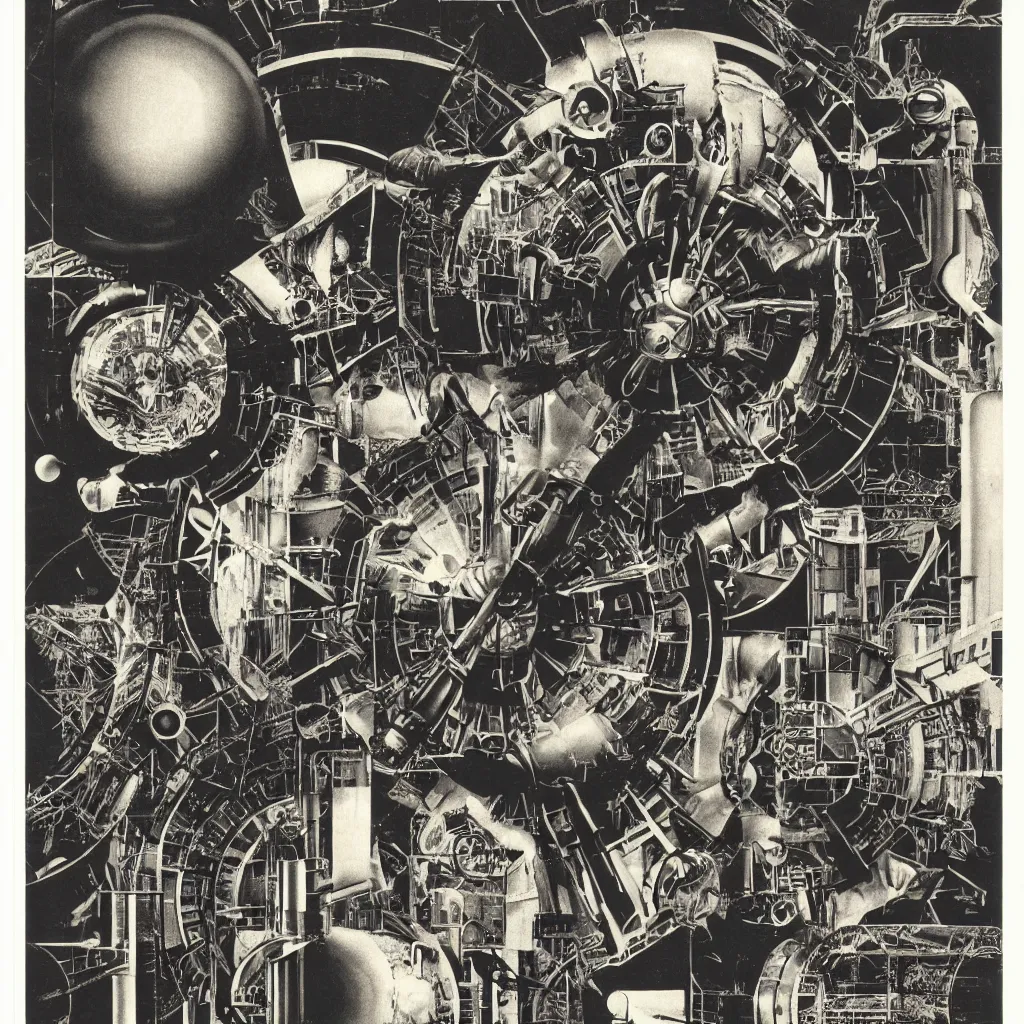 Prompt: 1970 magazine cut out collage of steam punk machinery for space exploration, max ernst, 35 mm graflex,