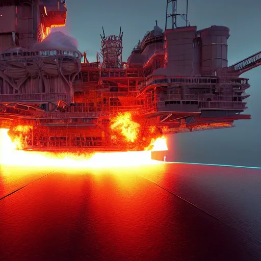 Image similar to oil platform, huge explosion with, vray, pathtracing