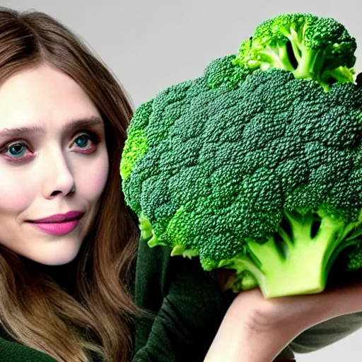 Prompt: elizabeth olsen has [ [ broccoli for a face ] ]!!, [ [ broccoli as skin ] ]!!, trending on cgsociety, 4 k quality, intricate