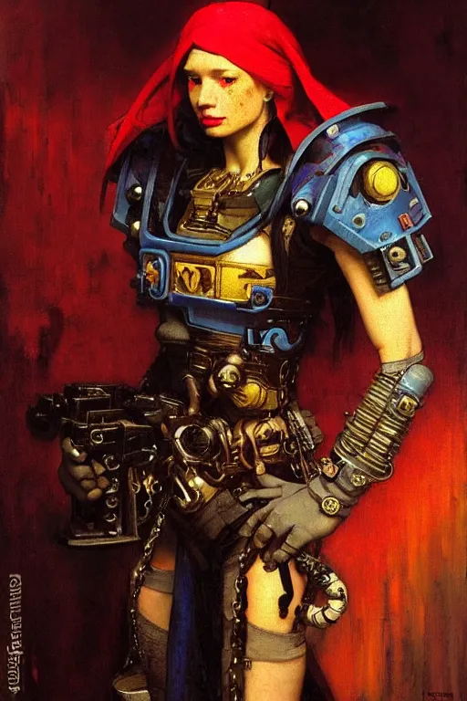 Image similar to full character portrait max mad cyberpunk warhammer 4 0 k, tech priest not the girl with the pearl earring character design, painting by gaston bussiere, katsuya terada, wyeth, greg rutkowski, craig mullins, ( ( ( ( ( vermeer ) ) ) ) ), frank frazetta, mucha, tom of finland, trending on artstation