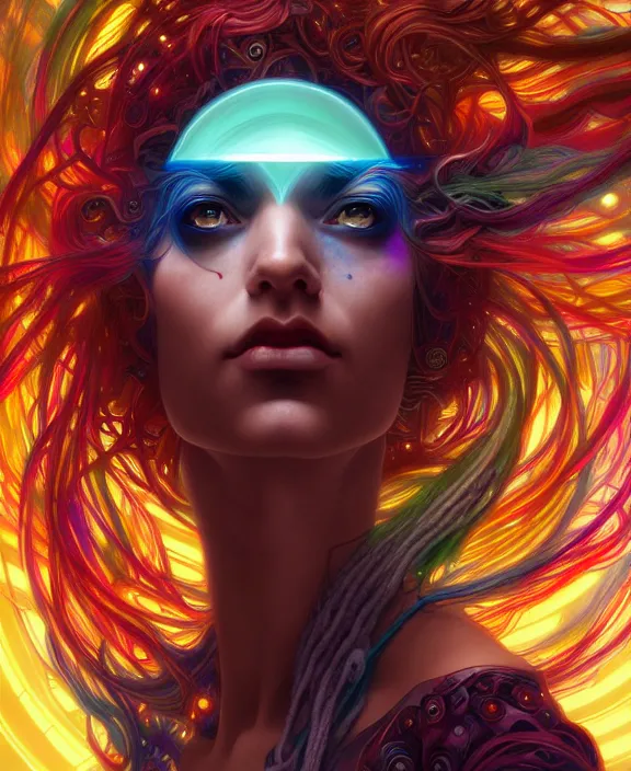 Image similar to a whirlwind of souls rushing inside the metaverse, half body, jewelry, hologram, dreads, android, cyborg, cyberpunk face, by loish, d & d, fantasy, intricate, elegant, highly detailed, colorful, vivid color, digital painting, artstation, concept art, art by artgerm and greg rutkowski and alphonse mucha