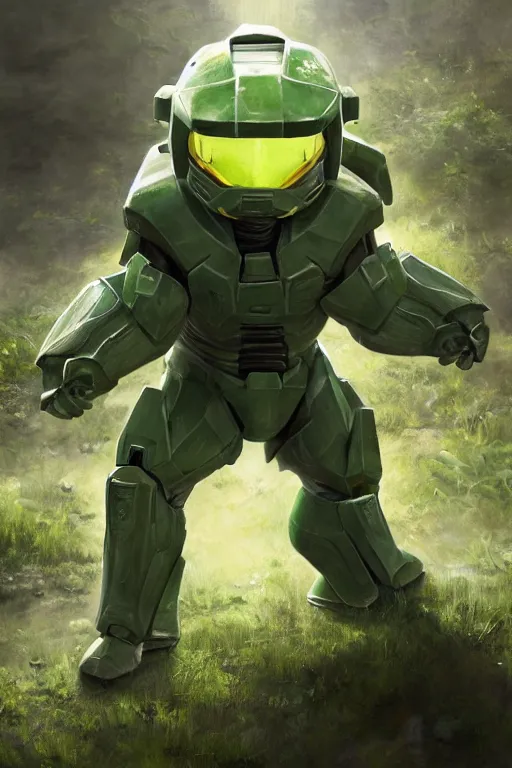 Prompt: bulbasaur playing as master chief, oil on canvas, intricate, portrait, 8 k highly professionally detailed, hdr, cgsociety