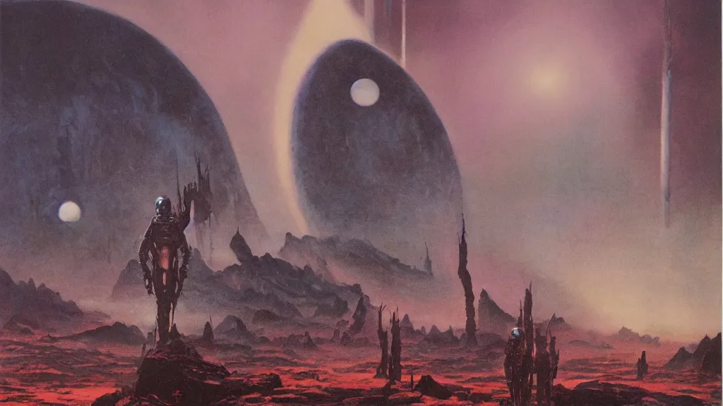 Image similar to eerie atmospheric alien planet empire by jack gaughan and bob eggleton and chris moore, epic cinematic matte painting