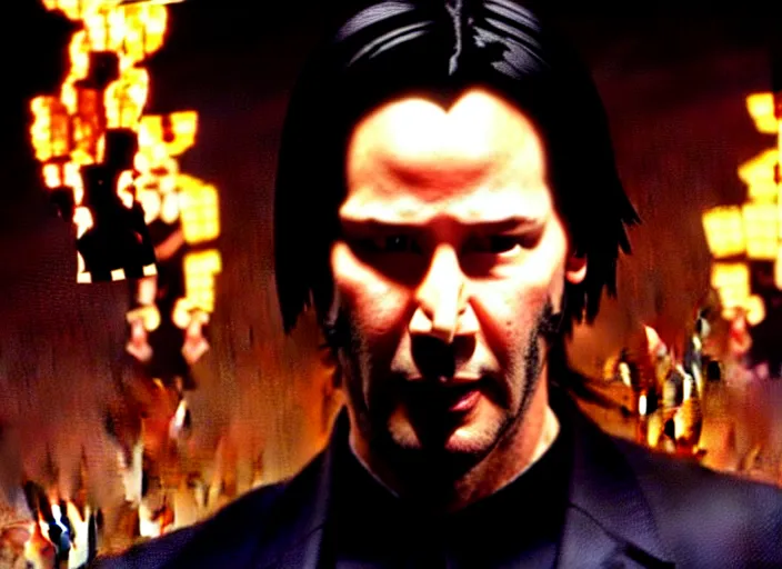 Prompt: A photo of Keanu Reeves as Neo in The Matrix movie doing a thumb up to the camera in front on burning servers, servers in flames in the background, doing a thumb up, The Matrix servers on fire, uncropped, full body, crispy, ultra detailed, cinematic