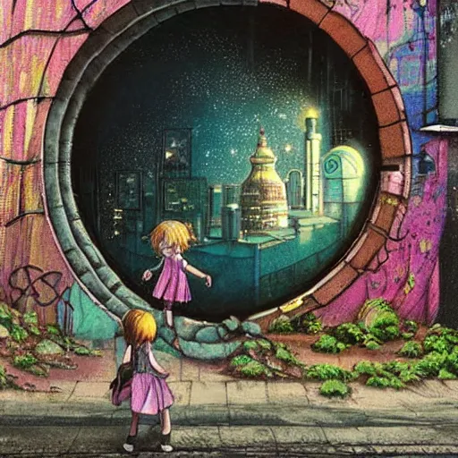 Image similar to a little girl on a dilapidated sidewalk looking through a dirty graffiti wall into a round portal. inside the portal is a beautiful vaporwave cosmic futuristic city, illustration, intricate details, highly detailed, fantasy art style, concept art, intricate details, highly detailed, moebius, studio ghibli, rene magritte