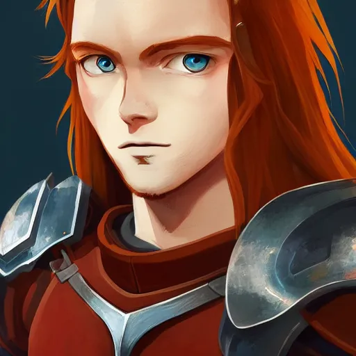 Prompt: portrait of a young redheaded man with blue eyes and wearing armor, medieval background, highly detailed, digital painting, artstation, matte, by makoto shinkai, animation style, studio ghibli, anime key visual