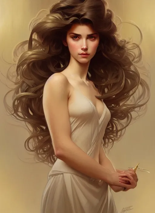 Prompt: portrait of young woman perfection, beautiful hair, symmetrical! intricate, elegant, highly detailed, in love with a handsome man!! digital painting, artstation, concept art, smooth, sharp focus, illustration, art by artgerm and greg rutkowski and alphonse mucha