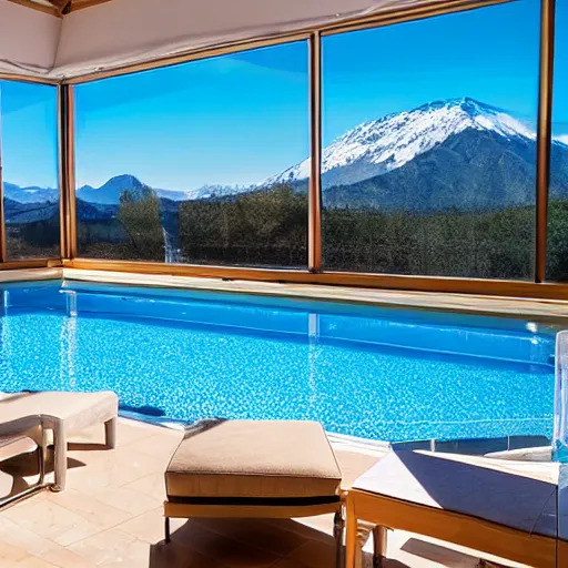 Prompt: a sunny covered lounge with a swimming pool with clean water next to a large window with a view of the mountains, photo