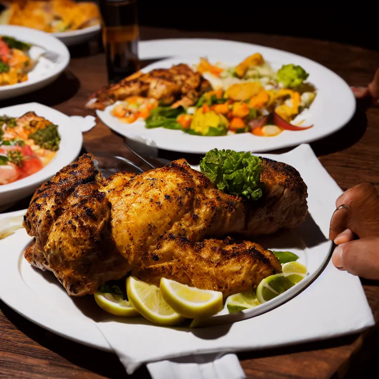 Prompt: close - up focused dslr photograph of an turks and caicos dinner, 8 k, high detail, volumetric lighting, hyperrealism, aesthetically pleasing, studio lighting, trending