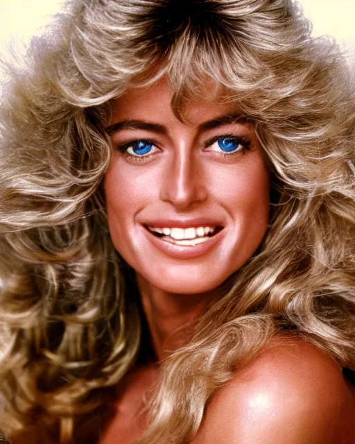 Image similar to closeup portrait of a beautiful young farrah fawcett in a sports illustrated photoshoot, rim lighting, glamour pose, hyper realistic, soft lighting,,, hd, octane, arney freytag!!!