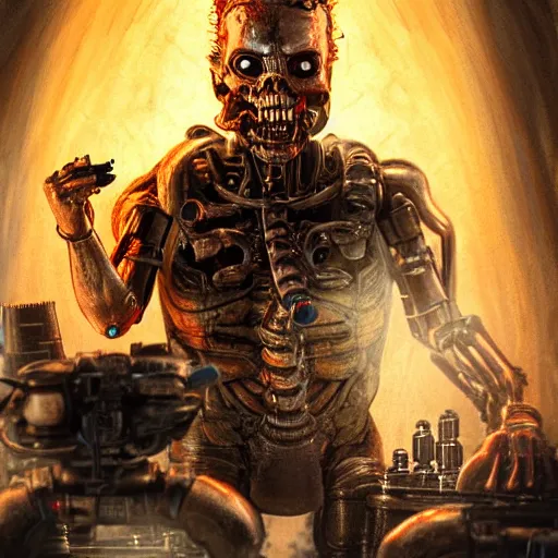 Image similar to apocalyptic, the terminator playing chess and eating cheese. smoke. volumetric lighting, sharp focus, ultra detailed, cgsociety - w 1 0 2 4 - n 8 - i