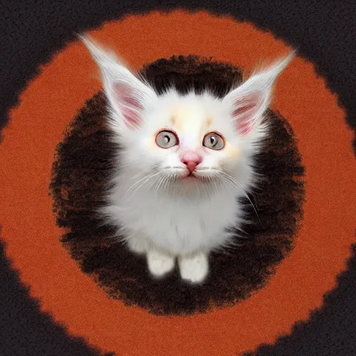 Image similar to a playful cream colored maine coon kitten is alone in a dark and dusty parlor. it plays with cat toys on a colorful round throw rug. 8 k, 4 k, digital art, artstation