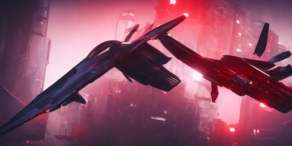 Image similar to cyberpunk concept inspired jet, futuristic look, highly detailed body, aerodynamic body, photorealistic camera shot, bright studio setting, studio lighting, crisp quality and light reflections, unreal engine 5 quality render, red and black tones