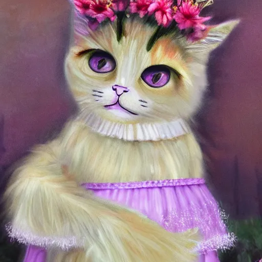 Image similar to anthromorphic fluffy bicolor rag doll cat dressed in princess dress with flower crown, detailed 4 k oil painting