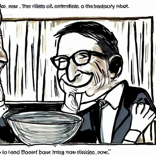 Prompt: New Yorker cartoon of Bill Gates eating a bowl of crickets