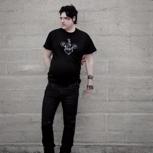 Prompt: pregnant goth man, tee shirt and jeans, black hair