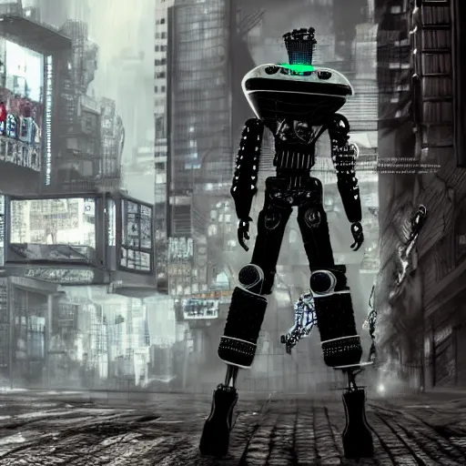 Prompt: photorealistic render, hyper - detailed, of a punk robot with a mohawk, cyberpunk, punk, mohawk, riot, anti - establishment, dystopian, sci - fi, urban