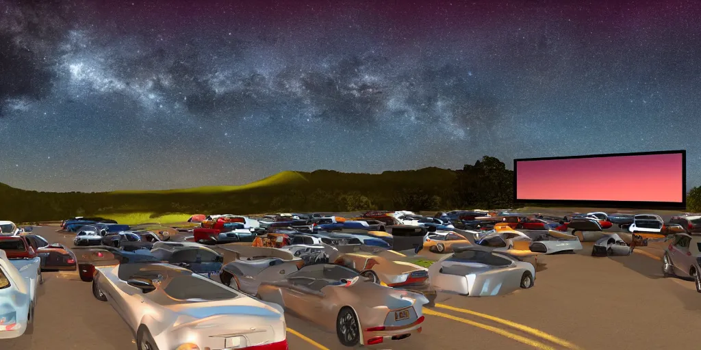 Image similar to a drive in movie theater with a line of cars, detailed, volumetric lighting, starry night, dusk