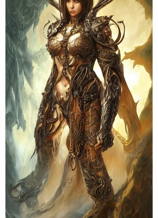 Image similar to a highly detailed symmetrical full body portrait of a female fantasy warrior with piercing beautiful eyes, art by artgerm and karol bak and mark brooks and donato giancola and bayard wu, eye level shot, oil painting, reallusion character creator, depth perception, elegant, intricate